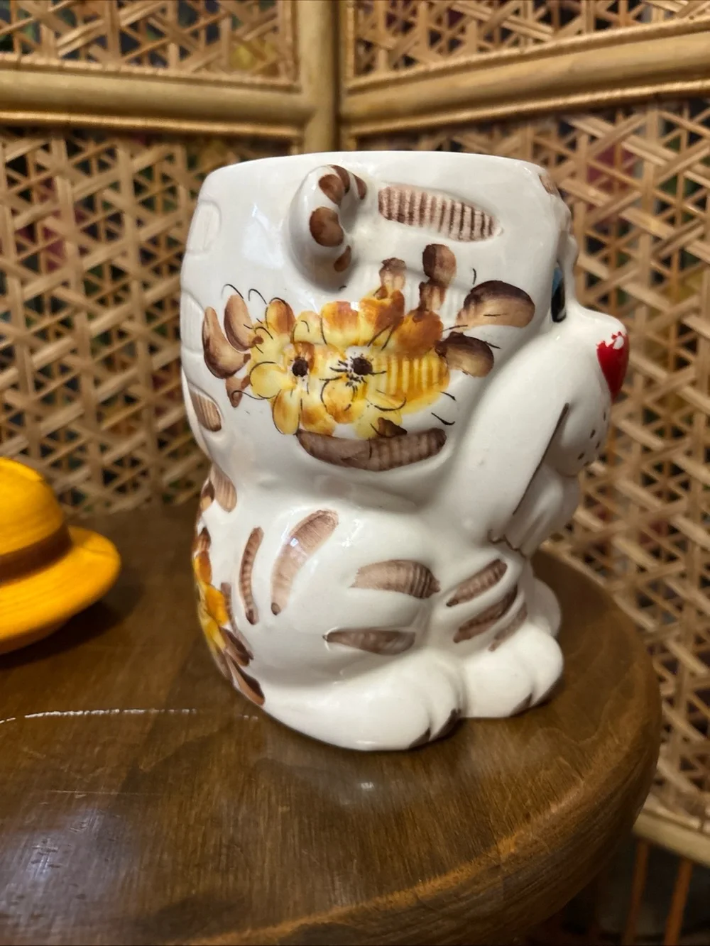 Vintage Ceramic Animal Cookie Jar with Yellow Hat